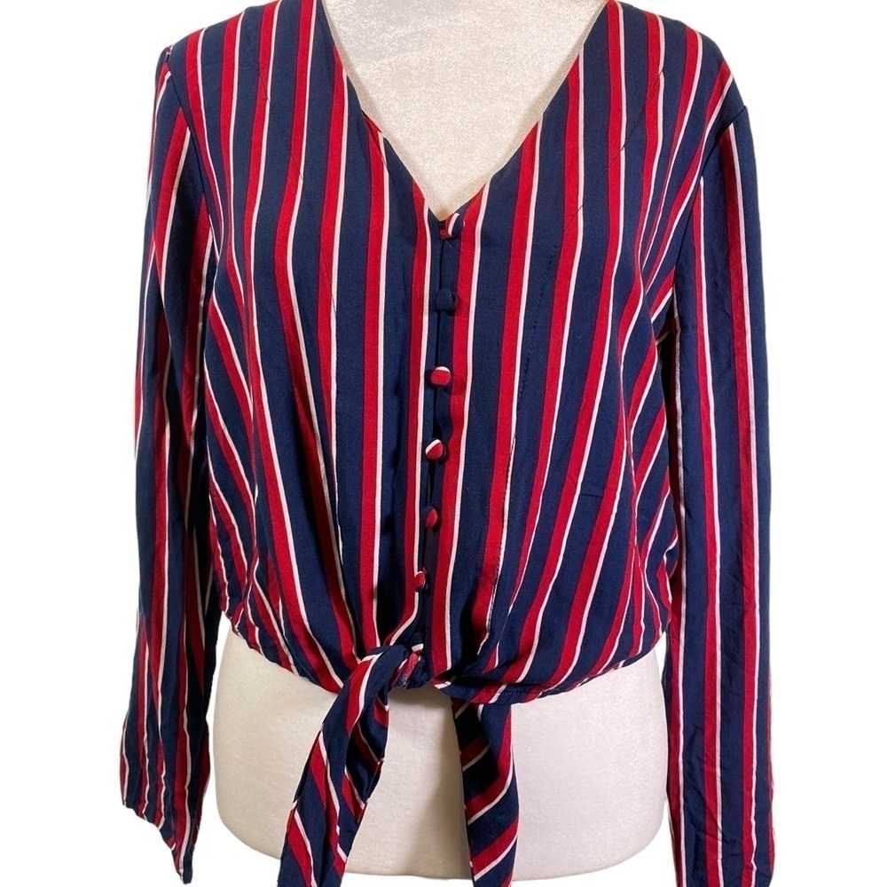 ONE LOVE CLOTHING LA women Medium red blue stripe crop top tie waist long sleeve